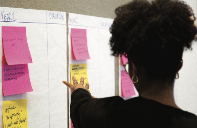 The back of a woman's head pointing at sticky notes on a wall