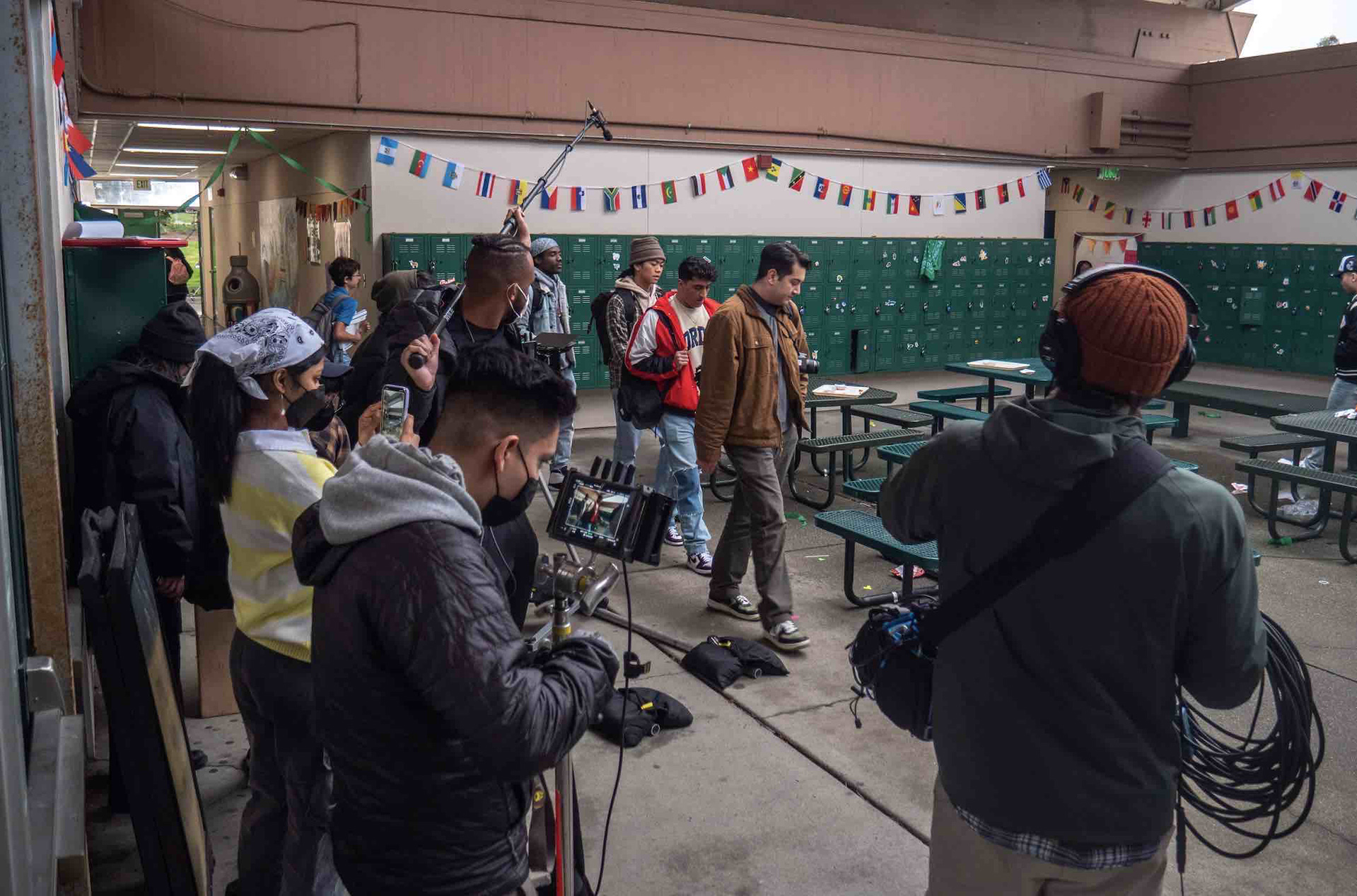 Filming in a quad with lockers