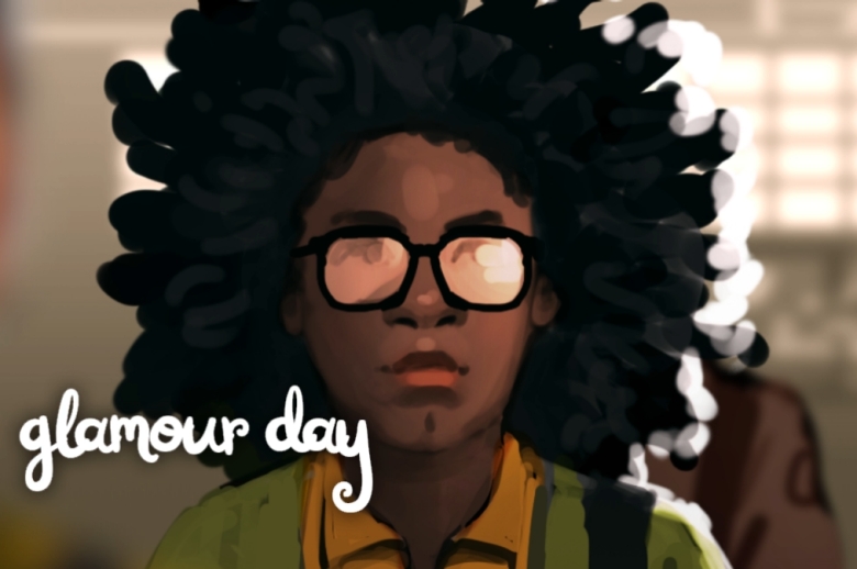 drawing of a tween girl with an afro and the words 