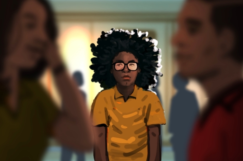 Drawing of a tween girl with an afro in a yellow shirt