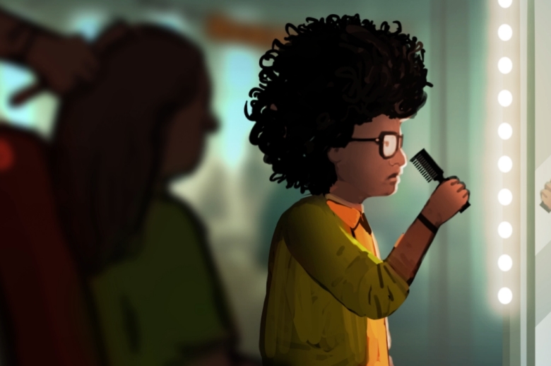 drawing of a tween girl  with an afro looking in a mirror holding a hot comb