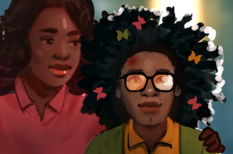 Drawing of a tween girl with an afro being mentored by an adult black woman