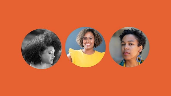 Orange background with portraits of poets Raina J. León, Jasminne Mendez, and Yesenia Montilla in bubbles