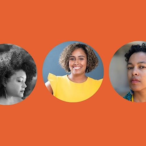 Orange background with portraits of poets Raina J. León, Jasminne Mendez, and Yesenia Montilla in bubbles