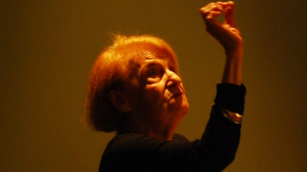 Annette Michelson giving a talk at the dedication of the Michelson Theater in the Department of Cinema Studies.