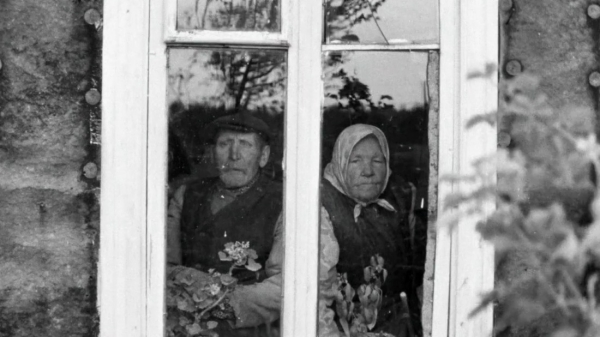 An older couple looking outward through a window.