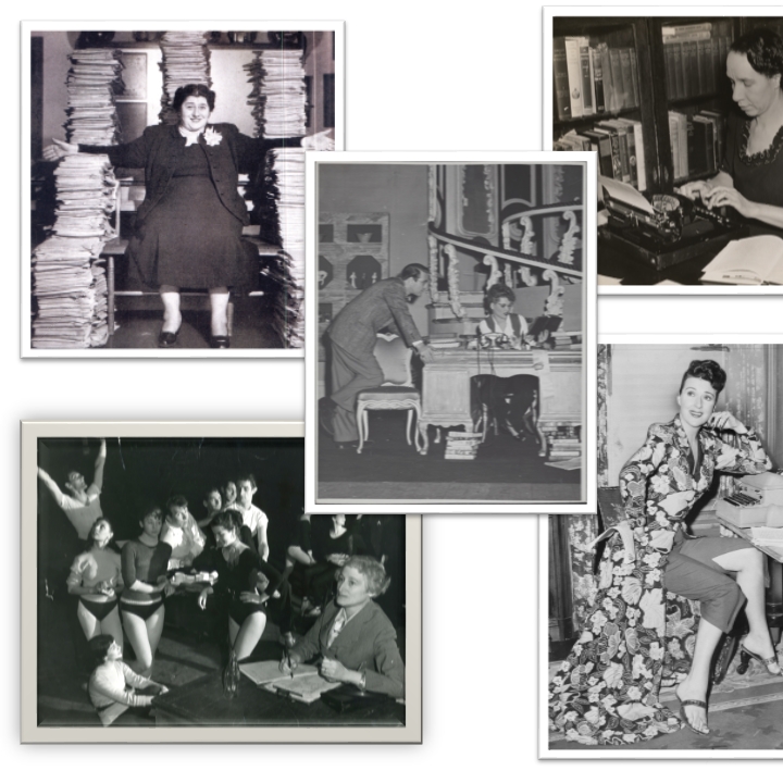 Photographs, clockwise from the top left: Gertrude Berg, Shirley Graham, Gypsy Rose Lee, and Vera Caspary, with Judy Holliday in the middle.