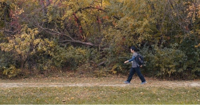 Figure walking in front of green landscape