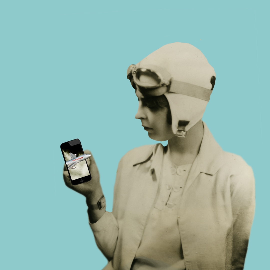 Digital collage of a woman wearing an aviator's helmet holding a cellphone with an airplane flying out of it.