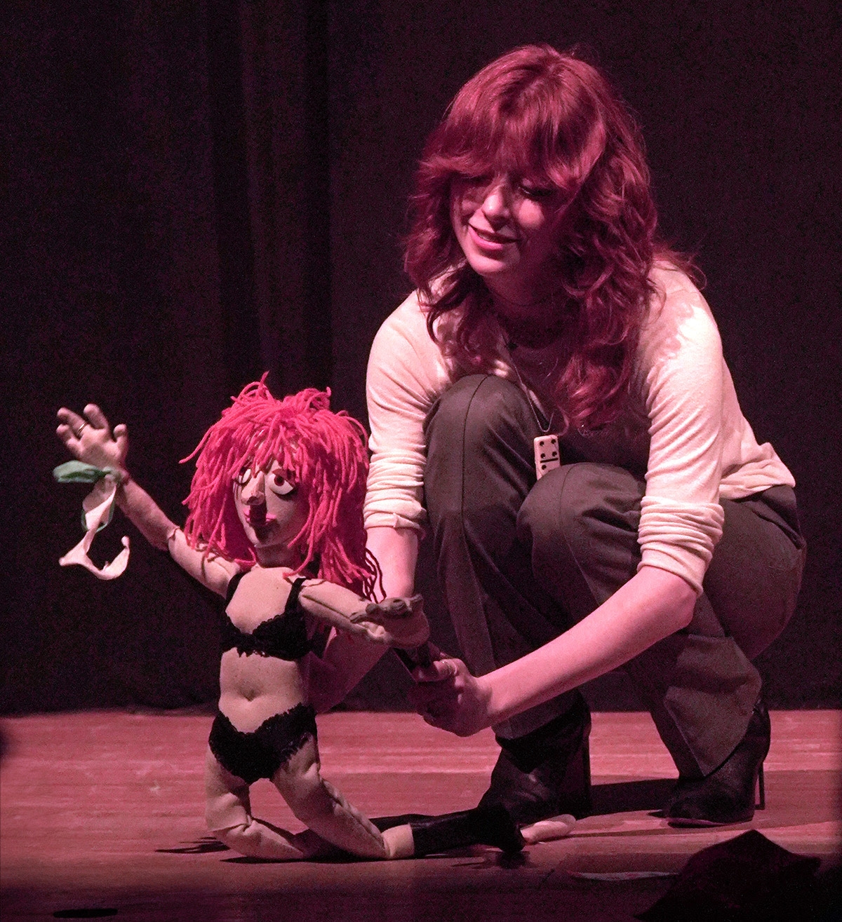 Student performs with lookalike puppet