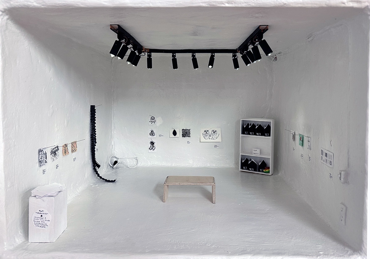 A miniature gallery displays hand drawn artworks