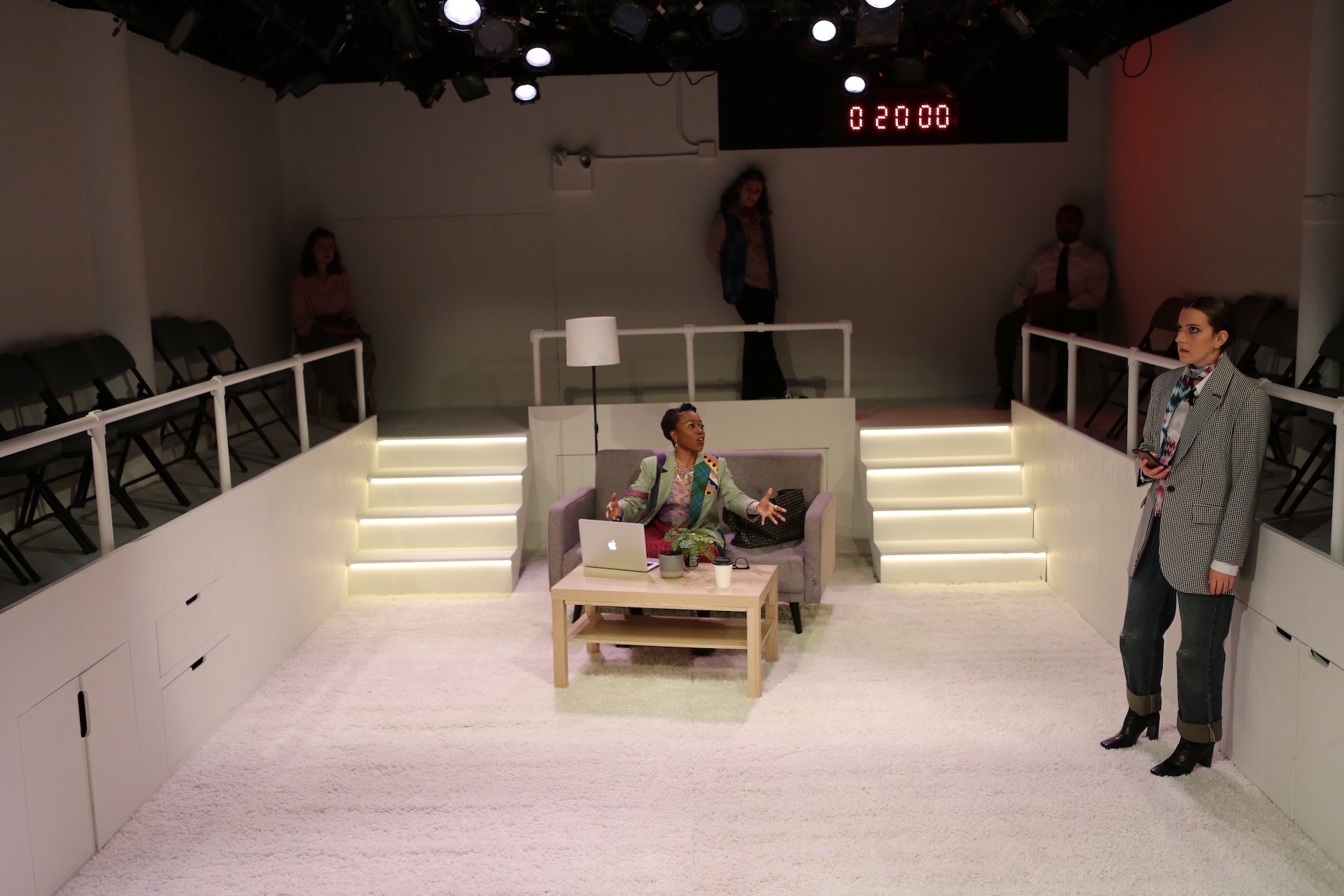 Woman standing on a carpet in a white room