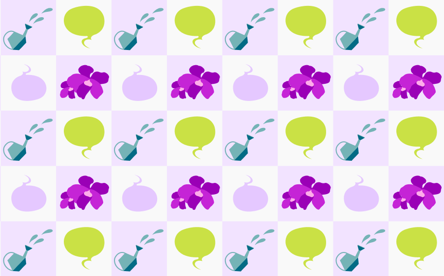 Speech bubbles, a watering can with water droplets, and purple flowers in a grid pattern