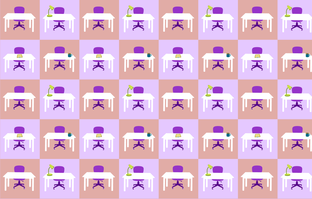 Grid image including desk chairs of alternating colors on a solid background