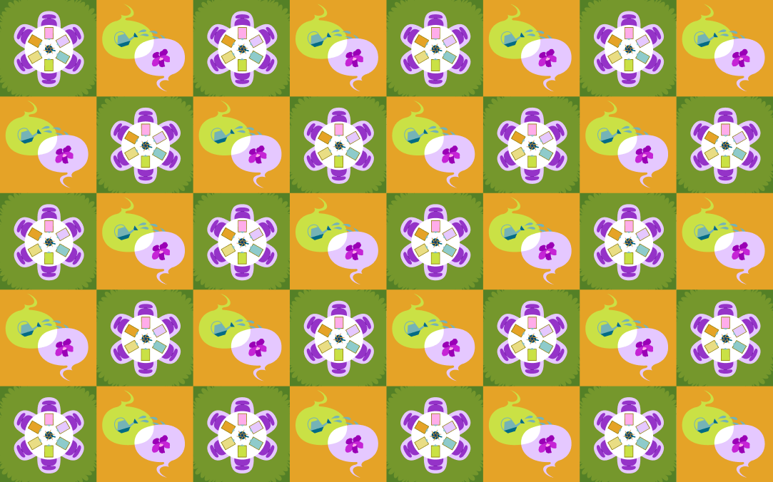 Grid image containing speech bubbles with flowers of alternating colors, and a view of an office table with 6 seats seen from above