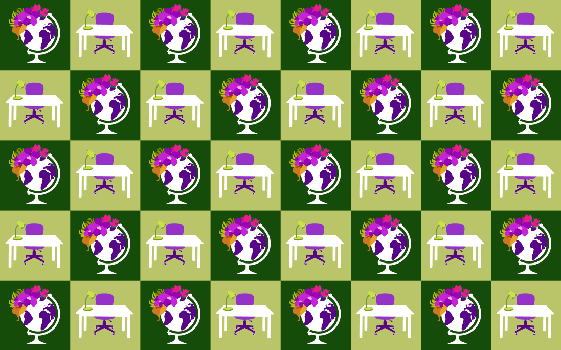 Grid image containing a globe of the earth adorned with flowers, and a desk chair on alternating backgrounds