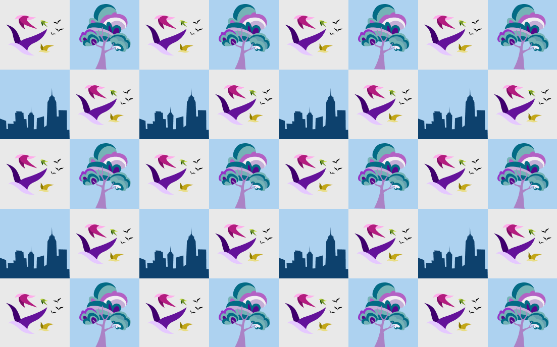 Grid image containing images of birds in flight and a silhouette of the NYC skyline on alternating backgrounds