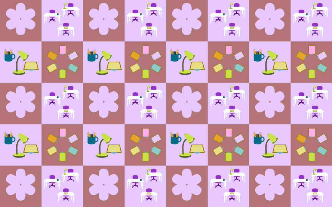 Grid image containing flowers and an array of desks arranged symmetrically on alternating backgrounds