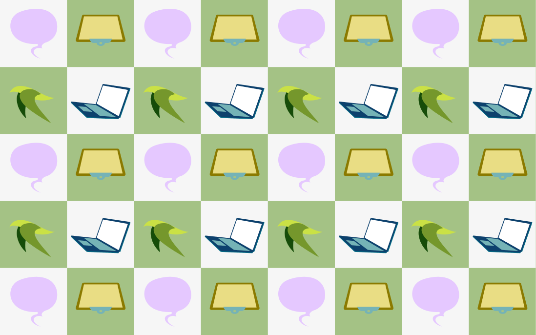 Grid image alternating birds in flight, a clipboard, and speech bubbles on different colored backgrounds.