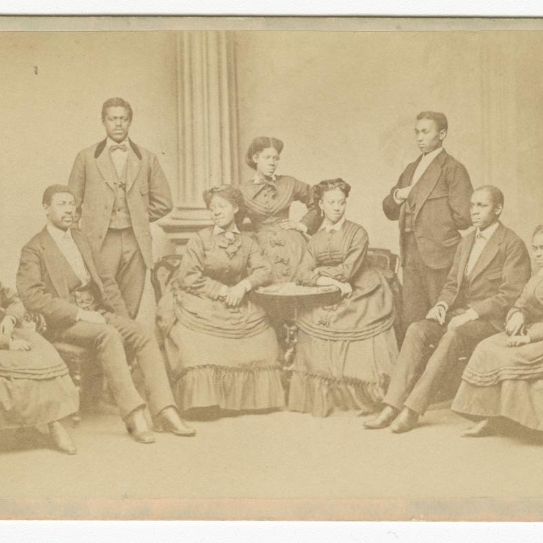 A CARTE-DE-VISTE DEPICTING THE FISK UNIVERSITY JUBILEE SINGERS WITH ALL NINE MEMBERS PRESENT, 1872. COLLECTION OF THE SMITHSONIAN NATIONAL MUSEUM OF AFRICAN AMERICAN HISTORY AND CULTURE