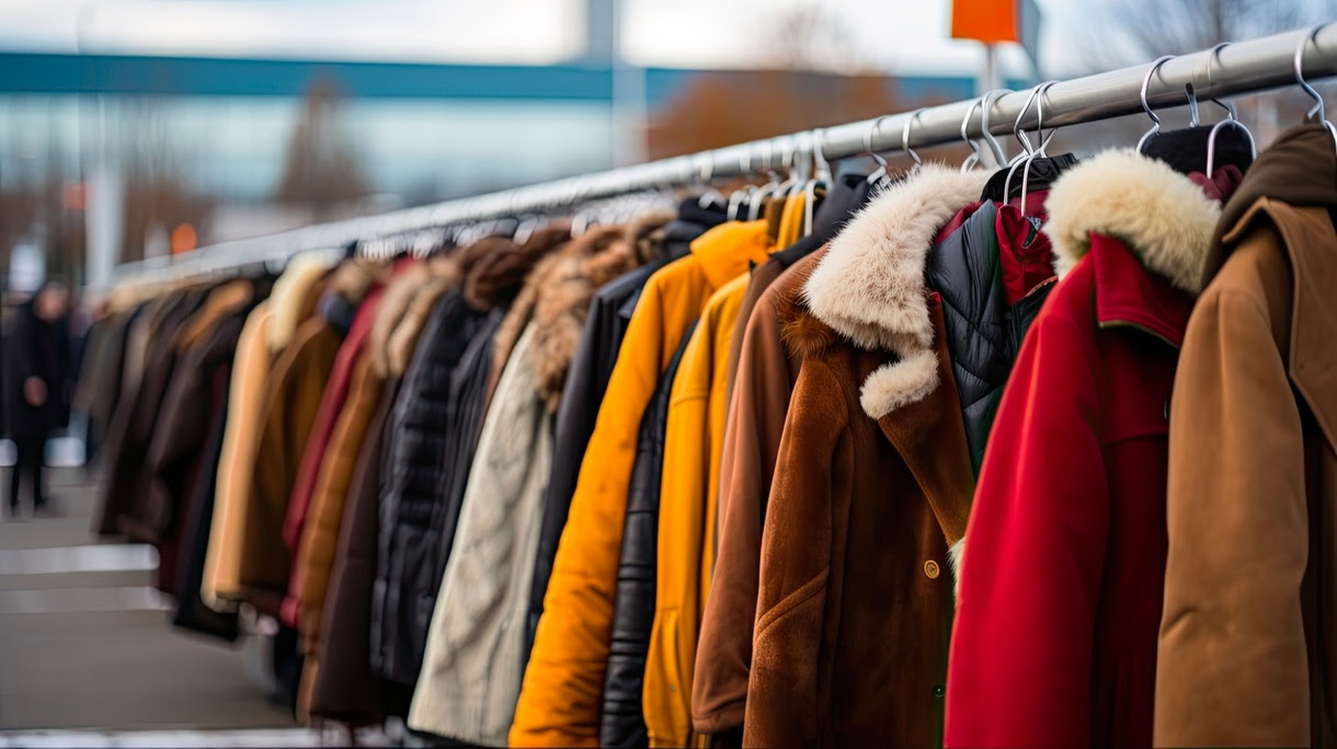 Stock photo of a rack of winter clothing