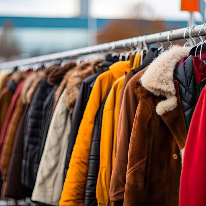 Stock photo of a rack of winter clothing