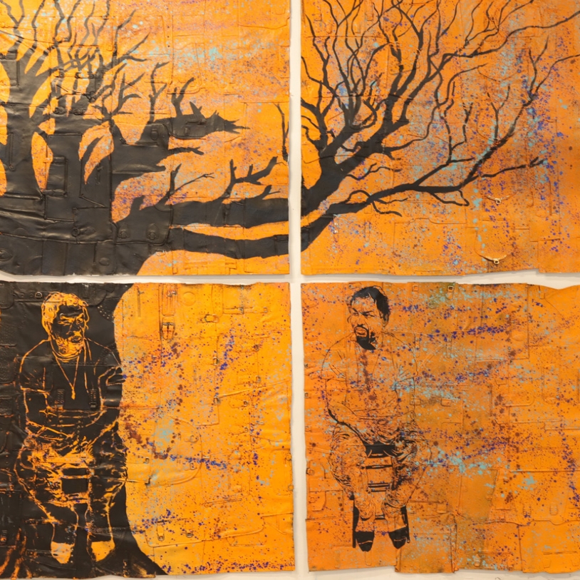 Black and Orange collage of two people sitting under a tree