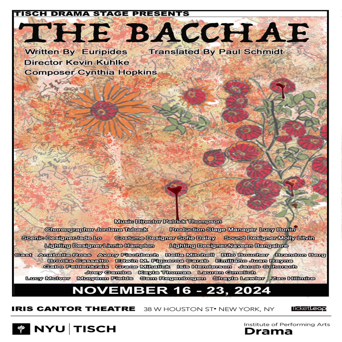 Poster for Bacchae with drawing of flowers