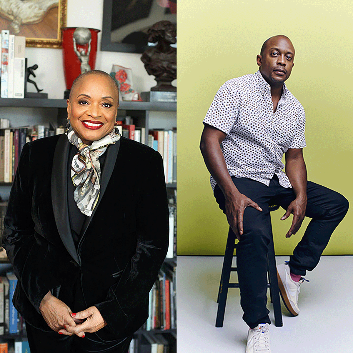 Gala Honoree Deborah Willis in a black blazer and multi-colored scarf in front of a bookshelf