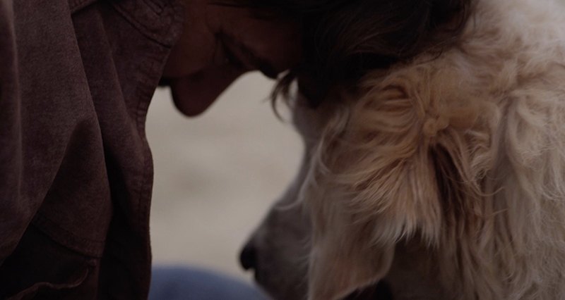 A young man embraces his dog.