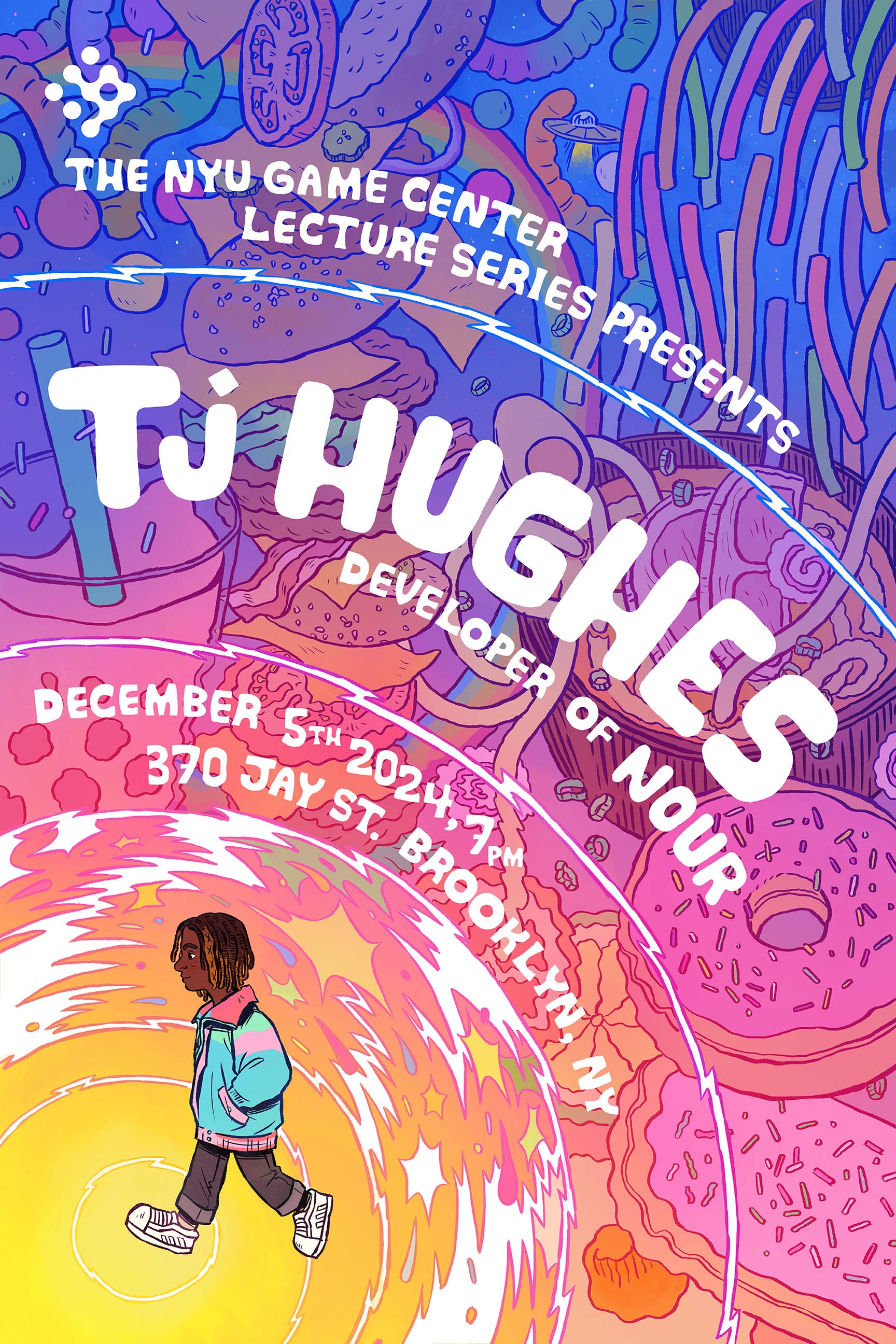 Illustration of Tj Hughes among donuts and text featuring event details. Poster reads 