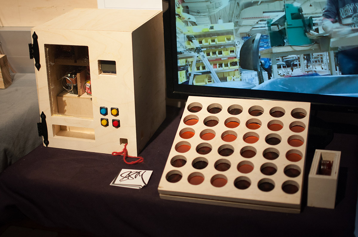 wooden box with buttons and circles grid