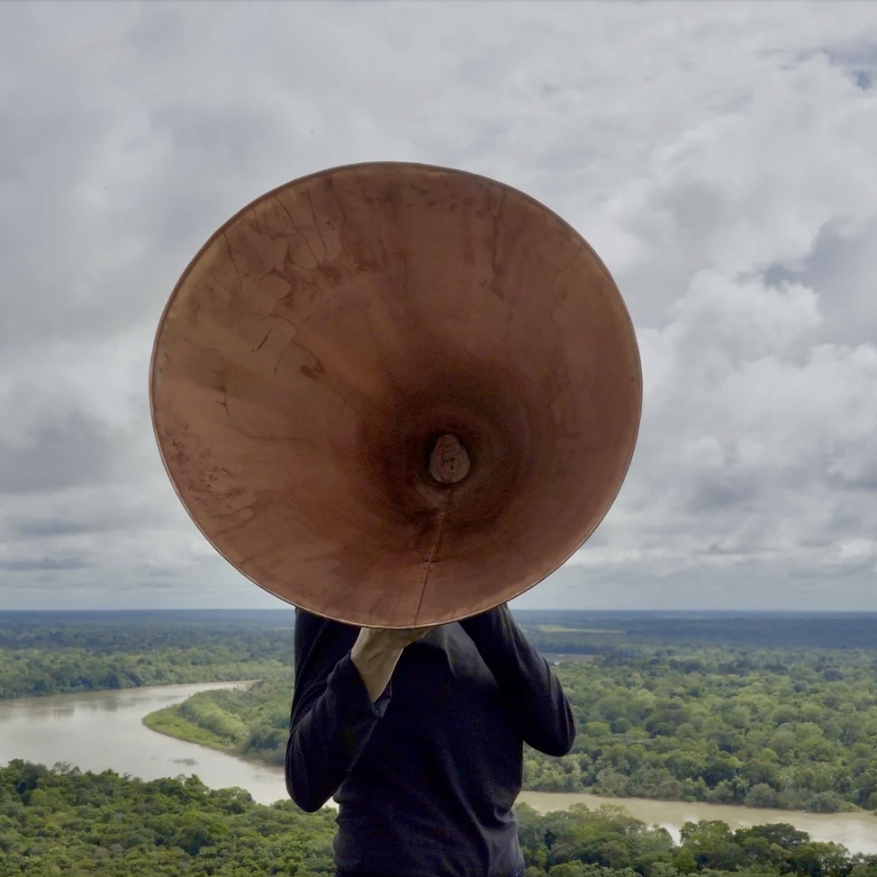 person standing with horn in front of the river 