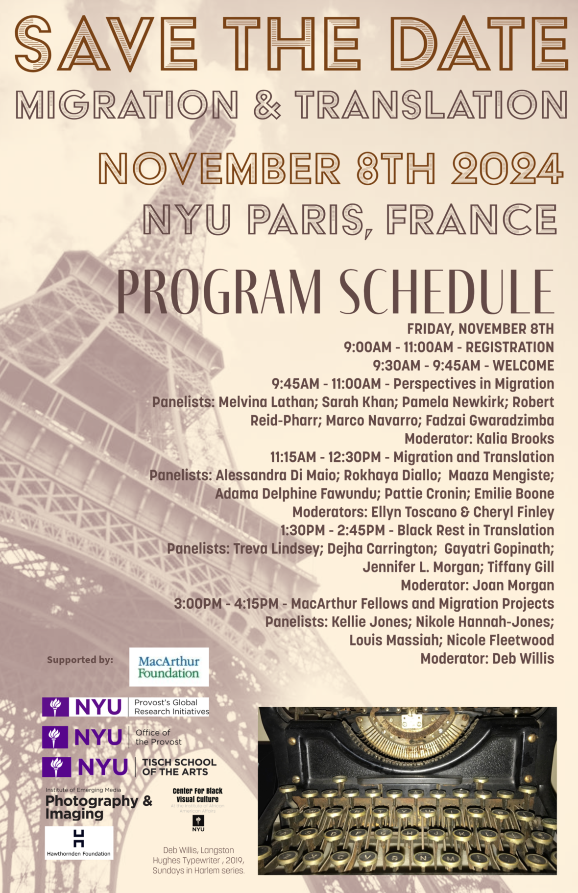 Flyer of November 8, 2024 program schedule for Migration & Translate in NYU Paris, France