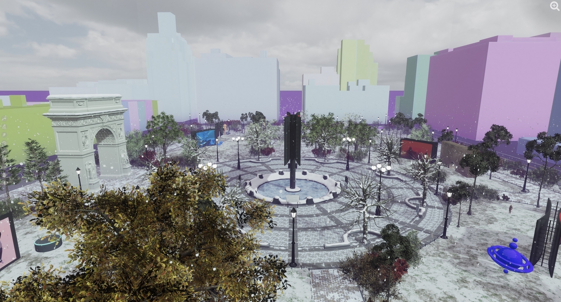 An image of a digitally-generated version of Washington Square Park