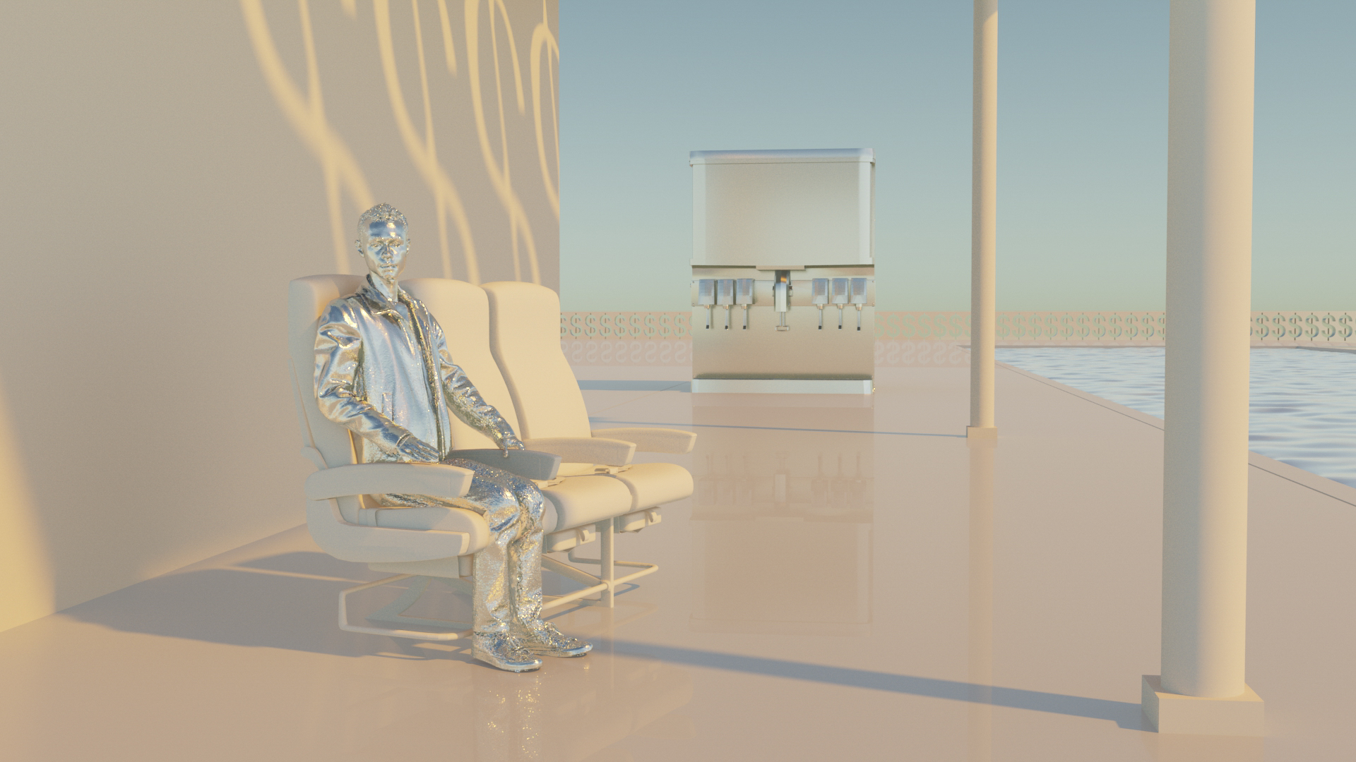 3D rendered object of a person sitting on a row of chairs on a structure with columns and water feature 