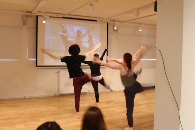 Students dancing in the spring 2016 Gob Squad Masterclass