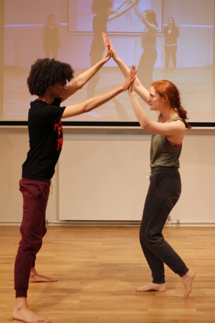 Students dancing in the spring 2016 Gob Squad Masterclass