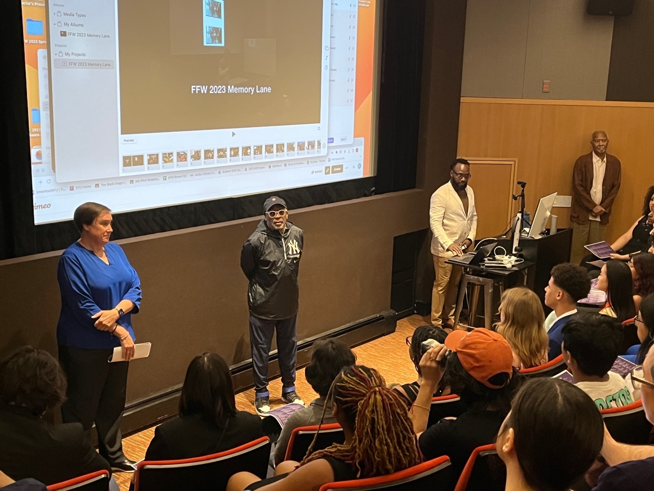 Spike Lee with high school students at NYU Tisch.